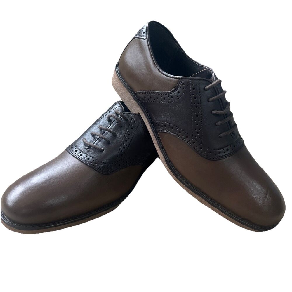 Men's Sz 9 John Blair Leather Brown on Brown Saddle Oxford Dress Shoes Two Tone